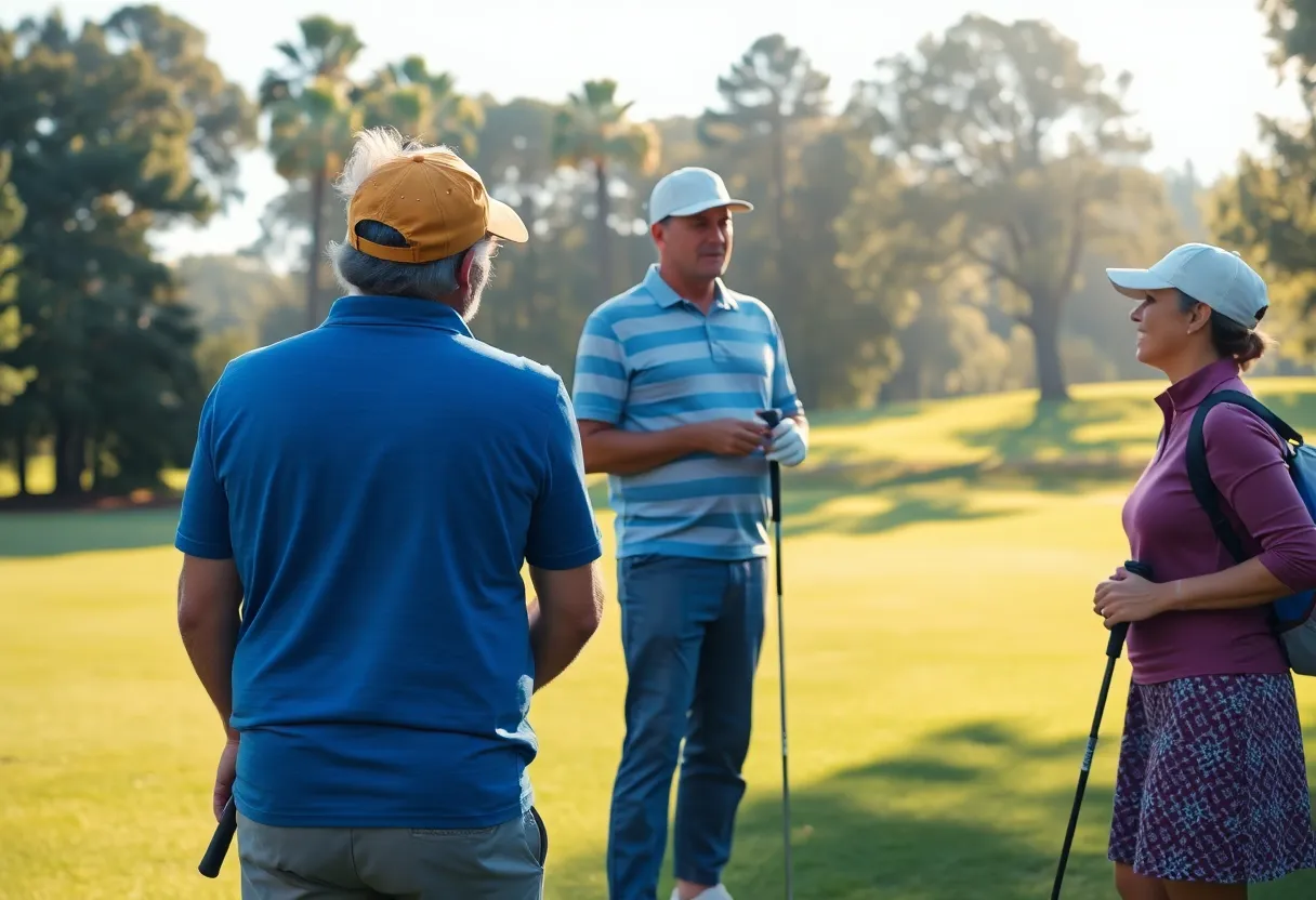 Golfers discussing mental health on a golf course