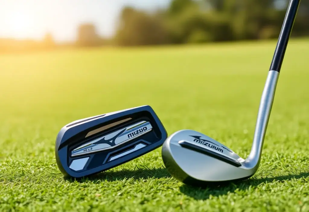 Mizuno Pro M-13 and M-15 golf irons displayed on a golf course