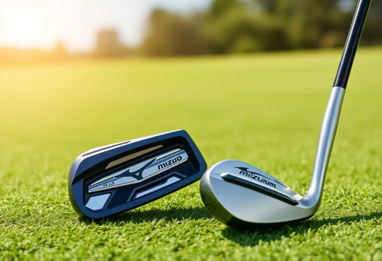 Mizuno Pro M-13 and M-15 golf irons displayed on a golf course