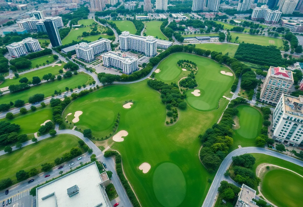 Aerial view of a municipal golf course surrounded by urban buildings