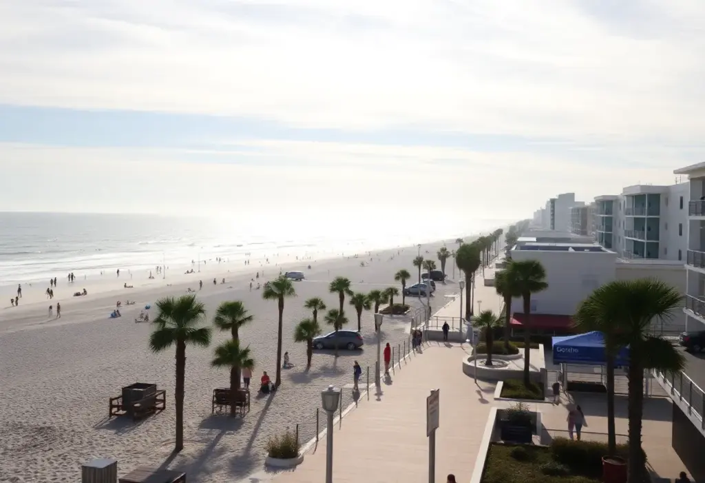 Scenic view of Myrtle Beach during winter with palm trees and beach activities
