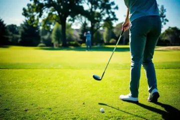 A golfer executing a flawless swing in a picturesque golf course.