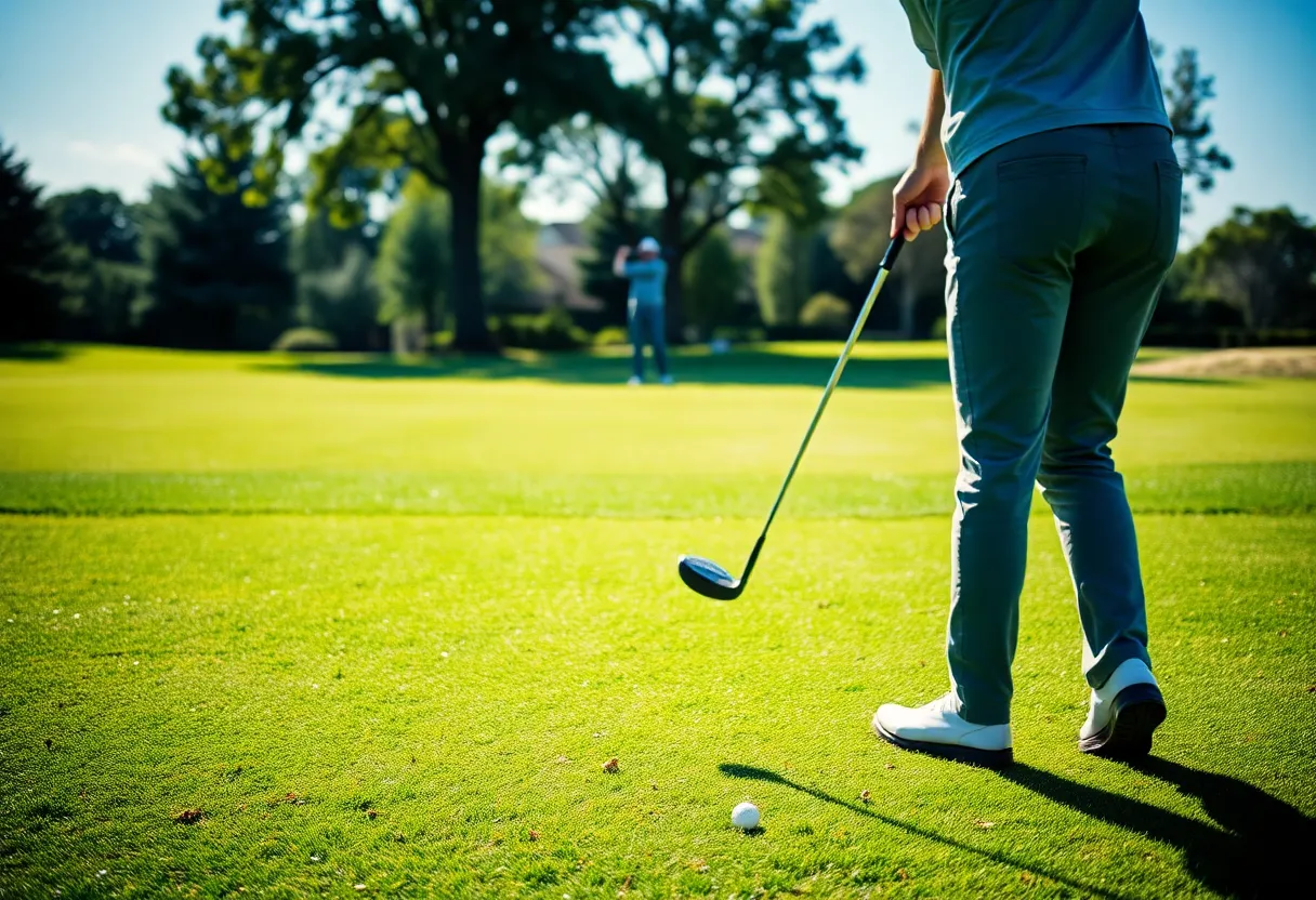 A golfer executing a flawless swing in a picturesque golf course.