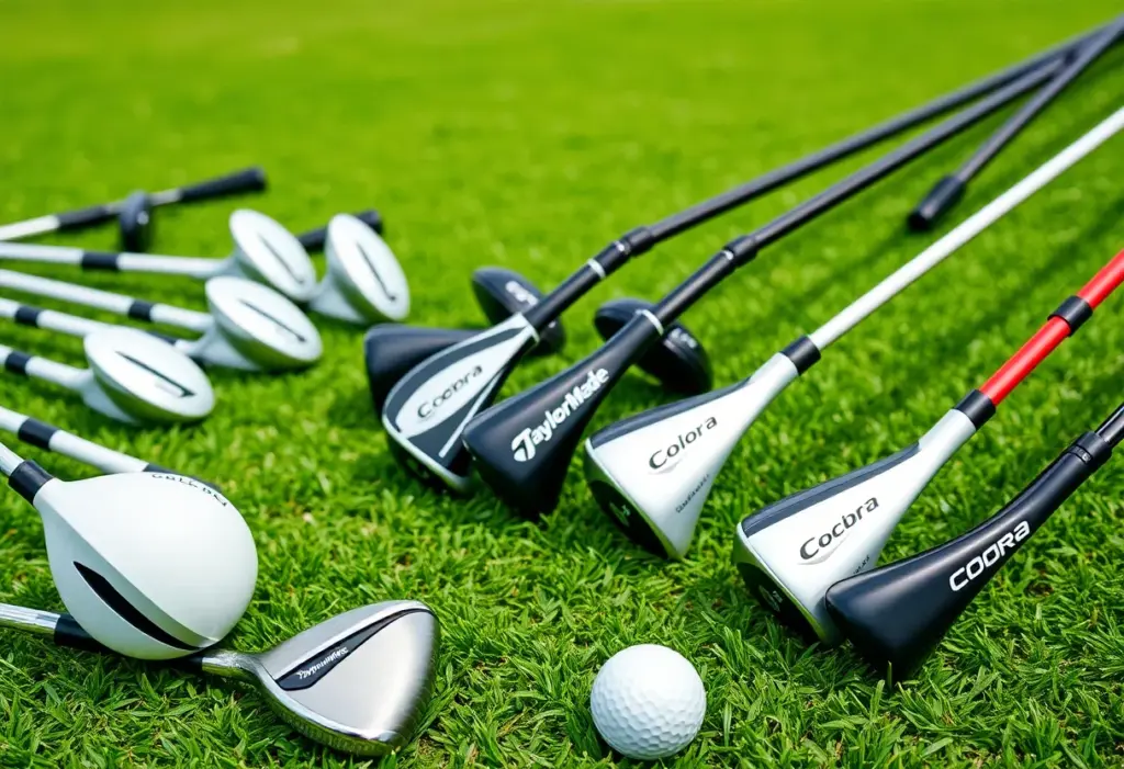 Display of new golf clubs from TaylorMade and Cobra on a golf course.