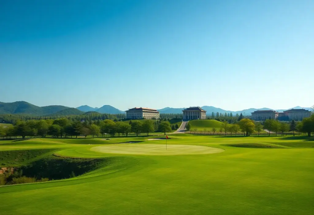 Lush green golf course in North Korea with North Korean architecture