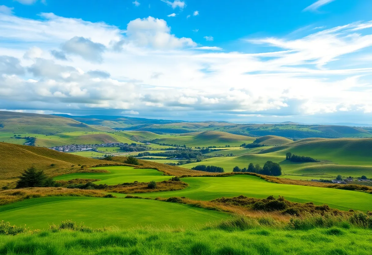 Lush green golf course in Northern Ireland with scenic hills