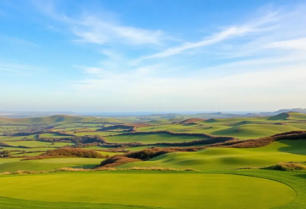 Scenic view of a golf course in Northern Ireland with hills and clear skies.