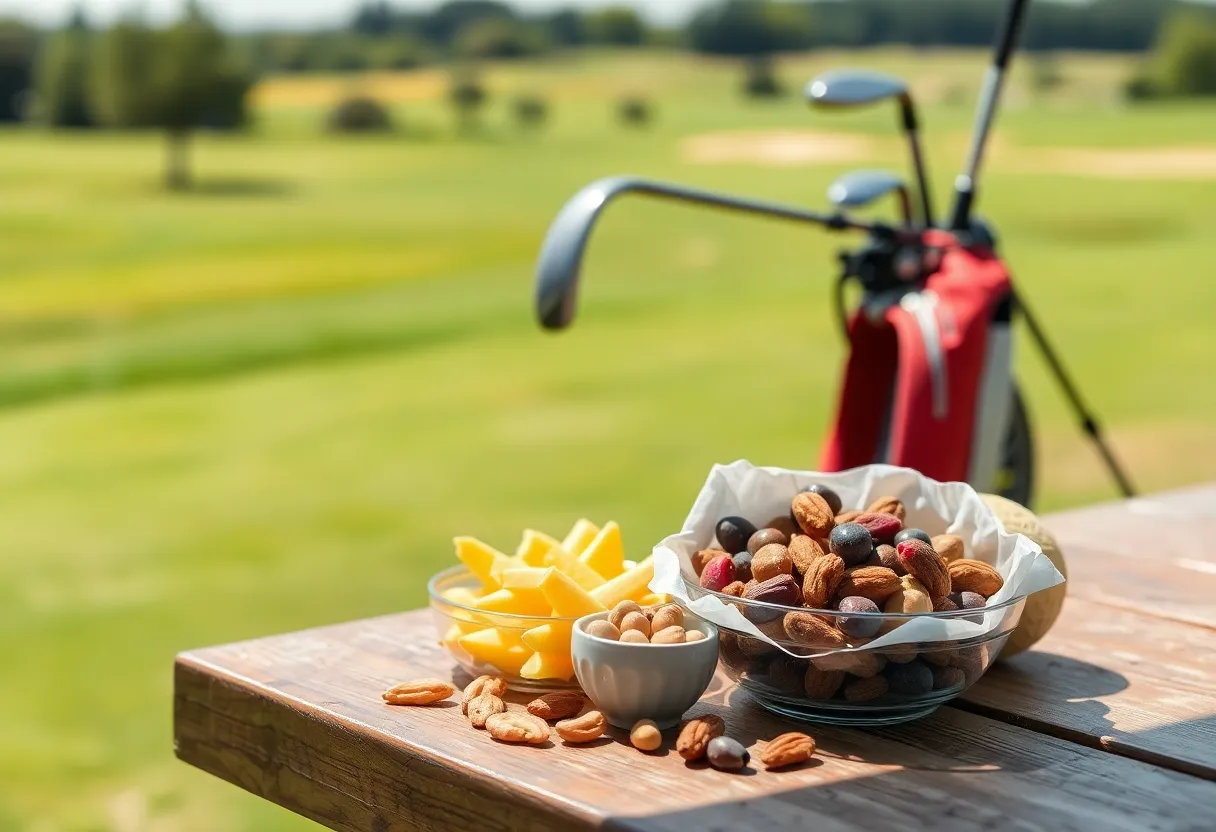 Healthy snacks and golf equipment on a golf course