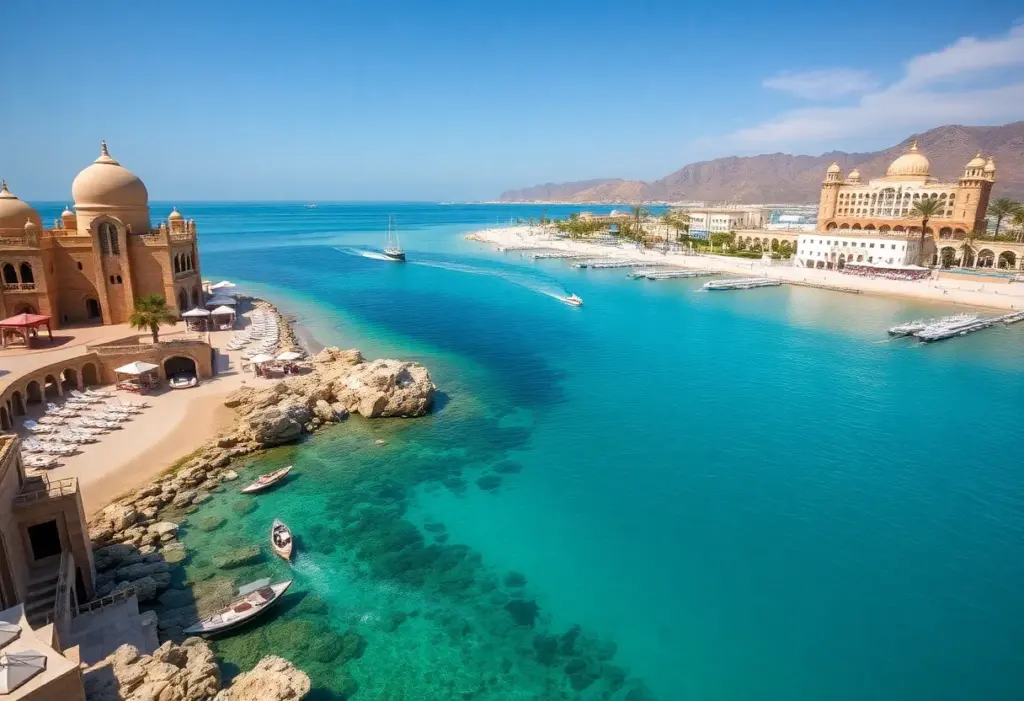 A beautiful landscape of Oman highlighting its tourism potential with sports and cultural elements.