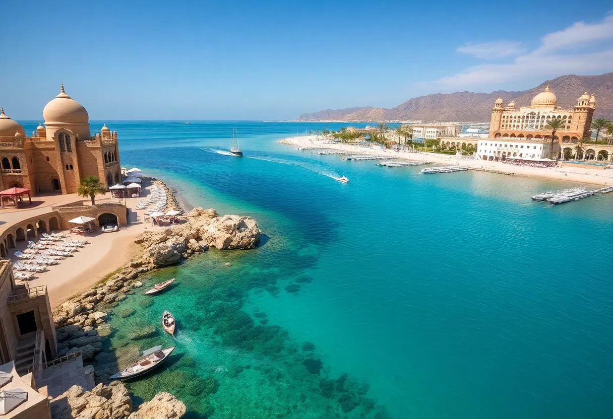 A beautiful landscape of Oman highlighting its tourism potential with sports and cultural elements.