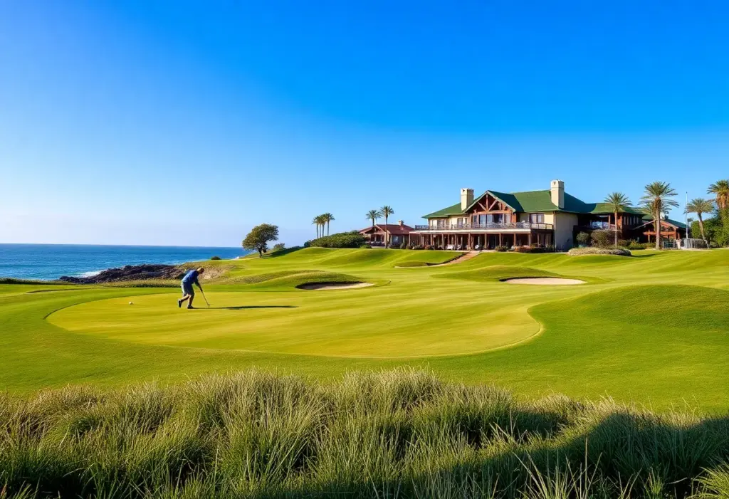 Scenic view of Pebble Beach Golf Course with players on the fairway