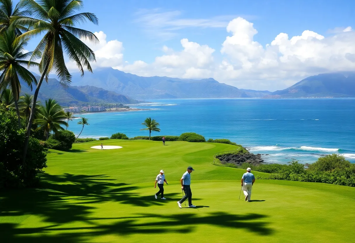 Golfers competing at the Sony Open in Hawaii, showcasing picturesque landscapes