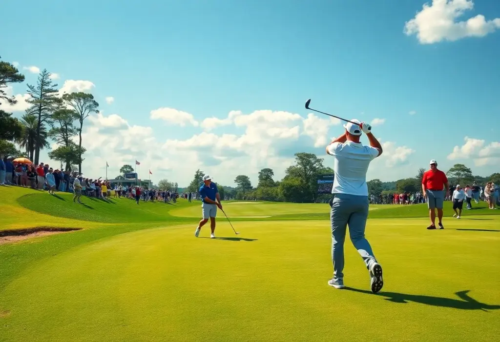 Golfers competing in a tournament on a sunny day.
