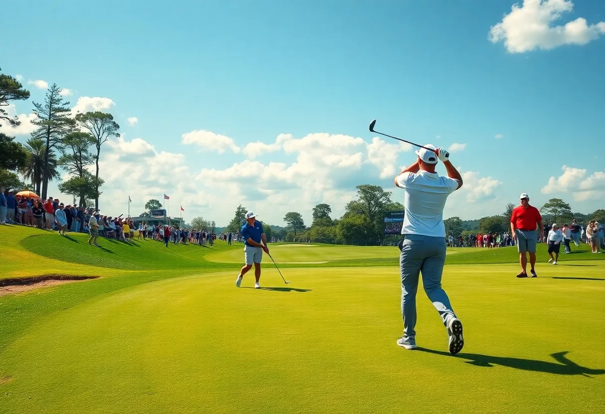 Golfers competing in a tournament on a sunny day.