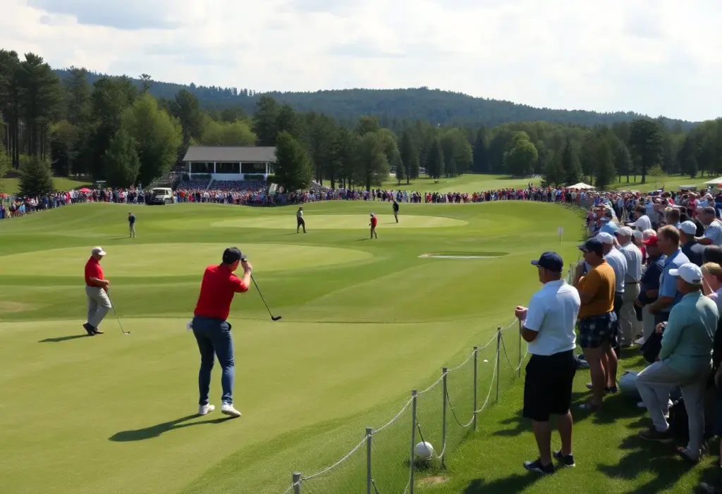 Tournament scene with players and fans at a golf course