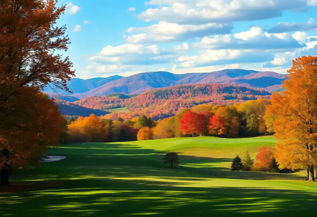 A scenic view of the Blue Ridge Mountains with a golf course in the fall.