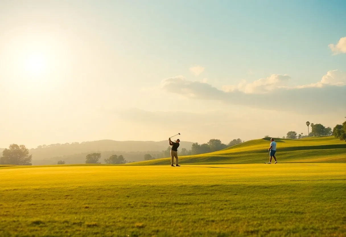 Golfers practicing on a sunny golf course