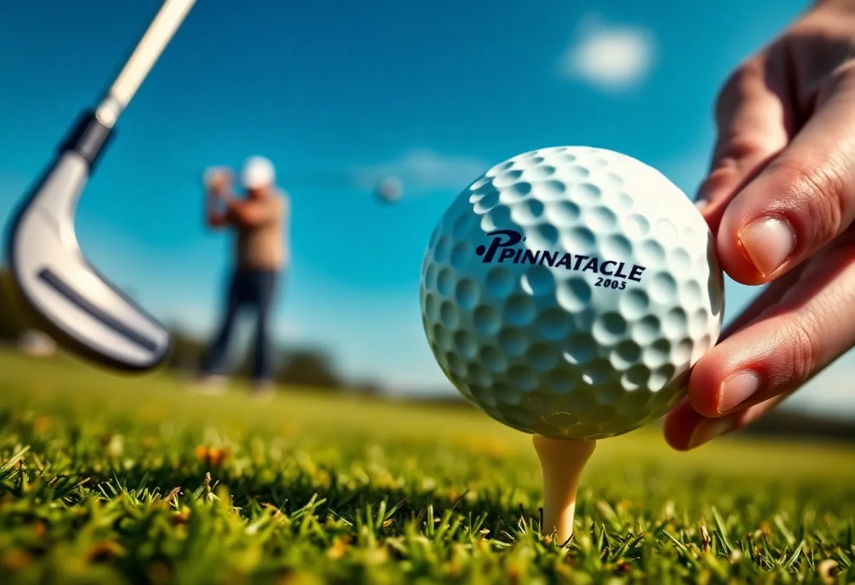 Golfer driving a Pinnacle Distance golf ball at a tournament.