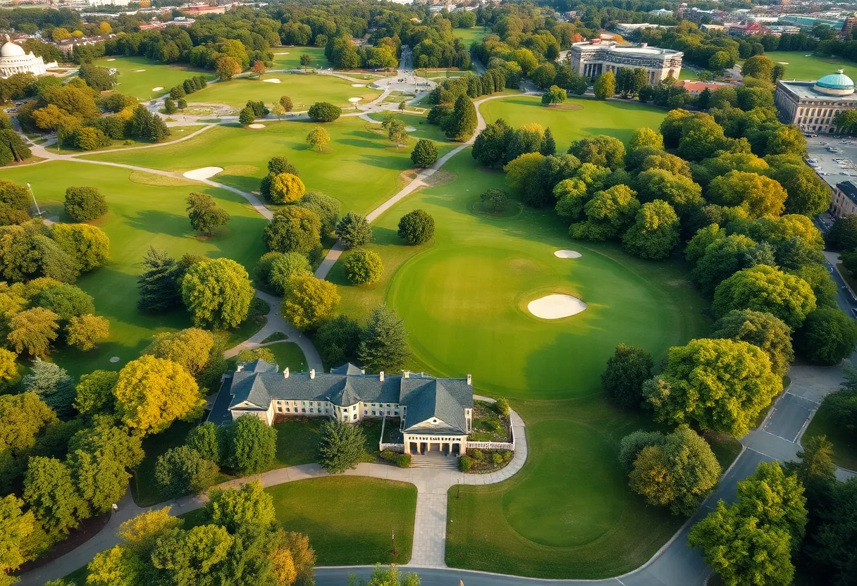 Aerial view of a public golf course near iconic landmarks in Washington.