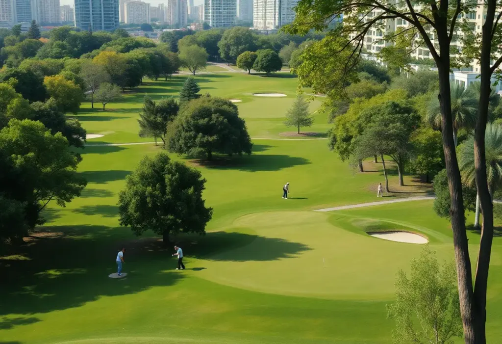 Golfers playing on a public golf course in the city