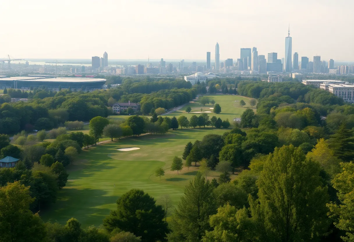 Public golf course with city skyline in the background