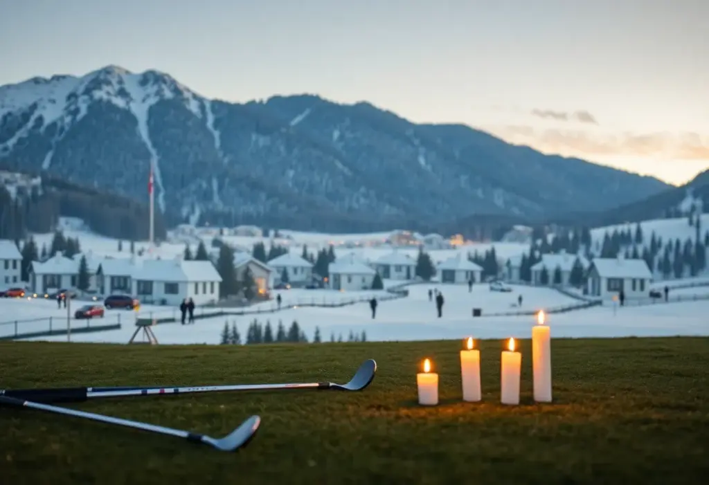 Serene Swiss resort landscape with a candlelight vigil in remembrance of young golfers.