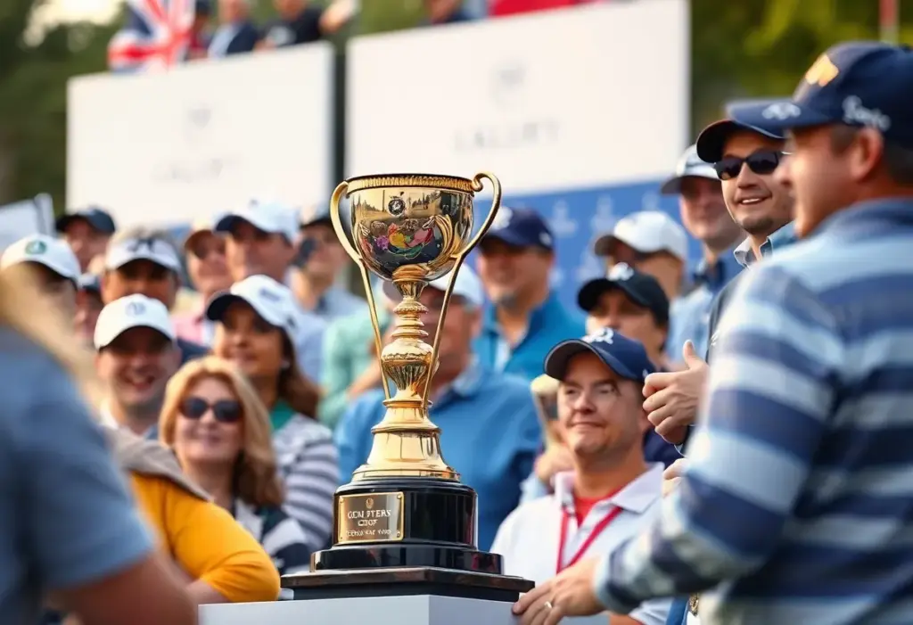 Scene from a golf tournament celebration featuring fans and a trophy