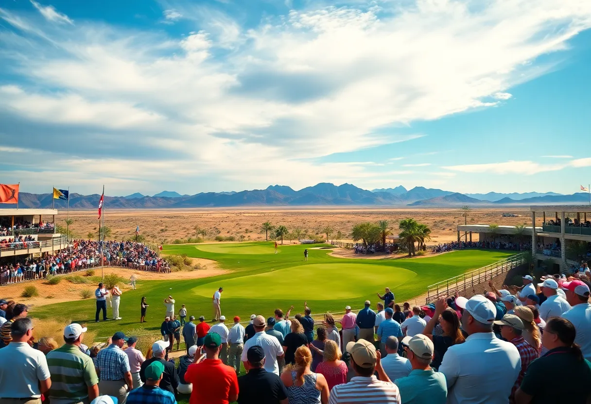 Golf tournament with a view of players and spectators in a desert setting.