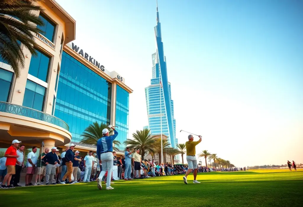 Golfers competing at the Hero Dubai Desert Classic with Dubai skyline in the background.