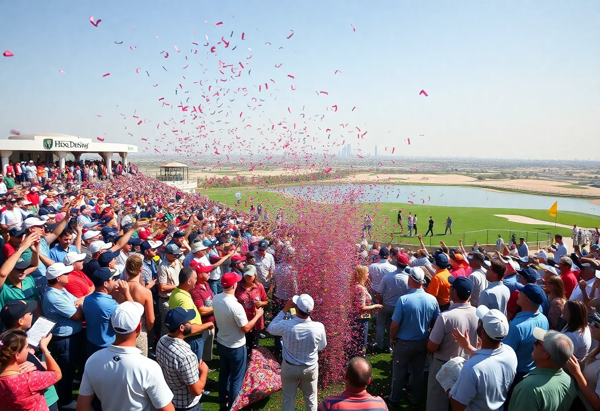 Crowd celebrating on a golf course with confetti