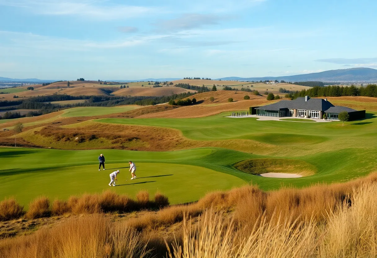 Golfers enjoying the Royal Dornoch Golf Course with the clubhouse in view.