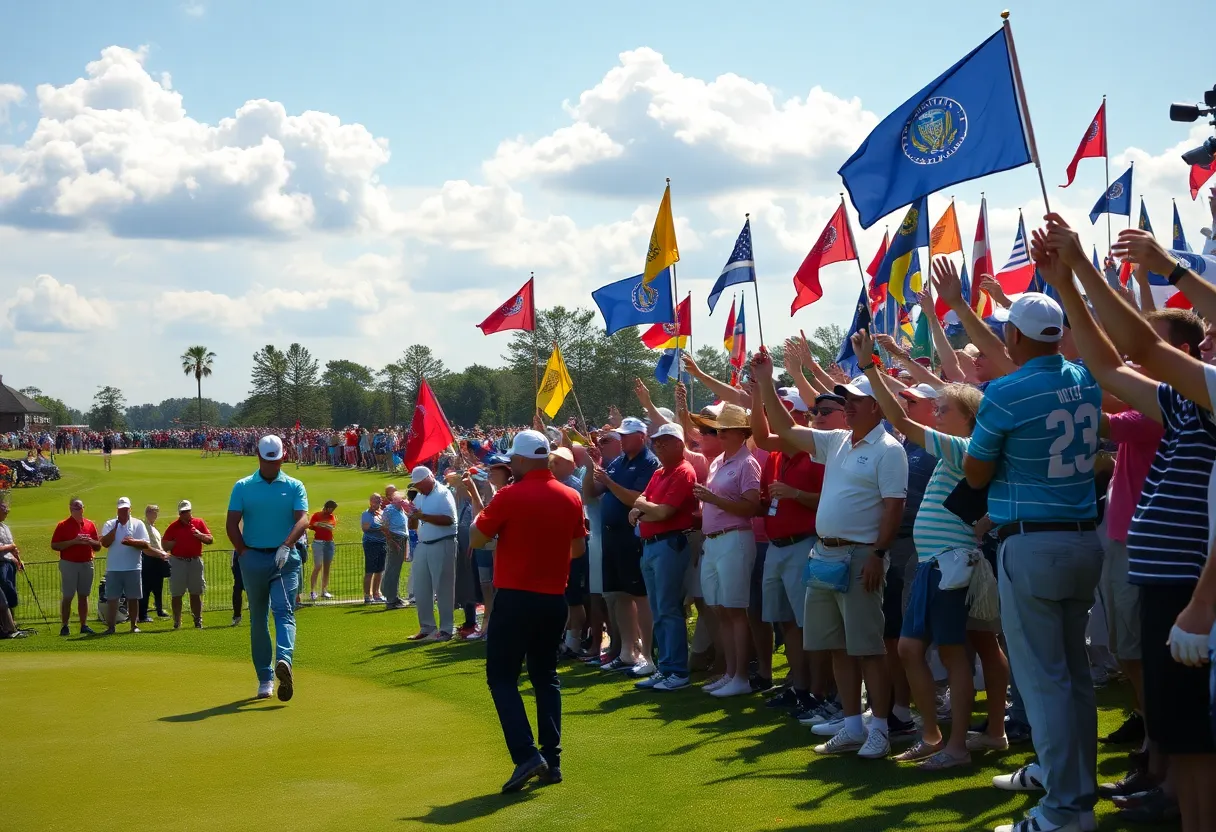 Fans celebrating at the Ryder Cup 2023 with a golf course backdrop.