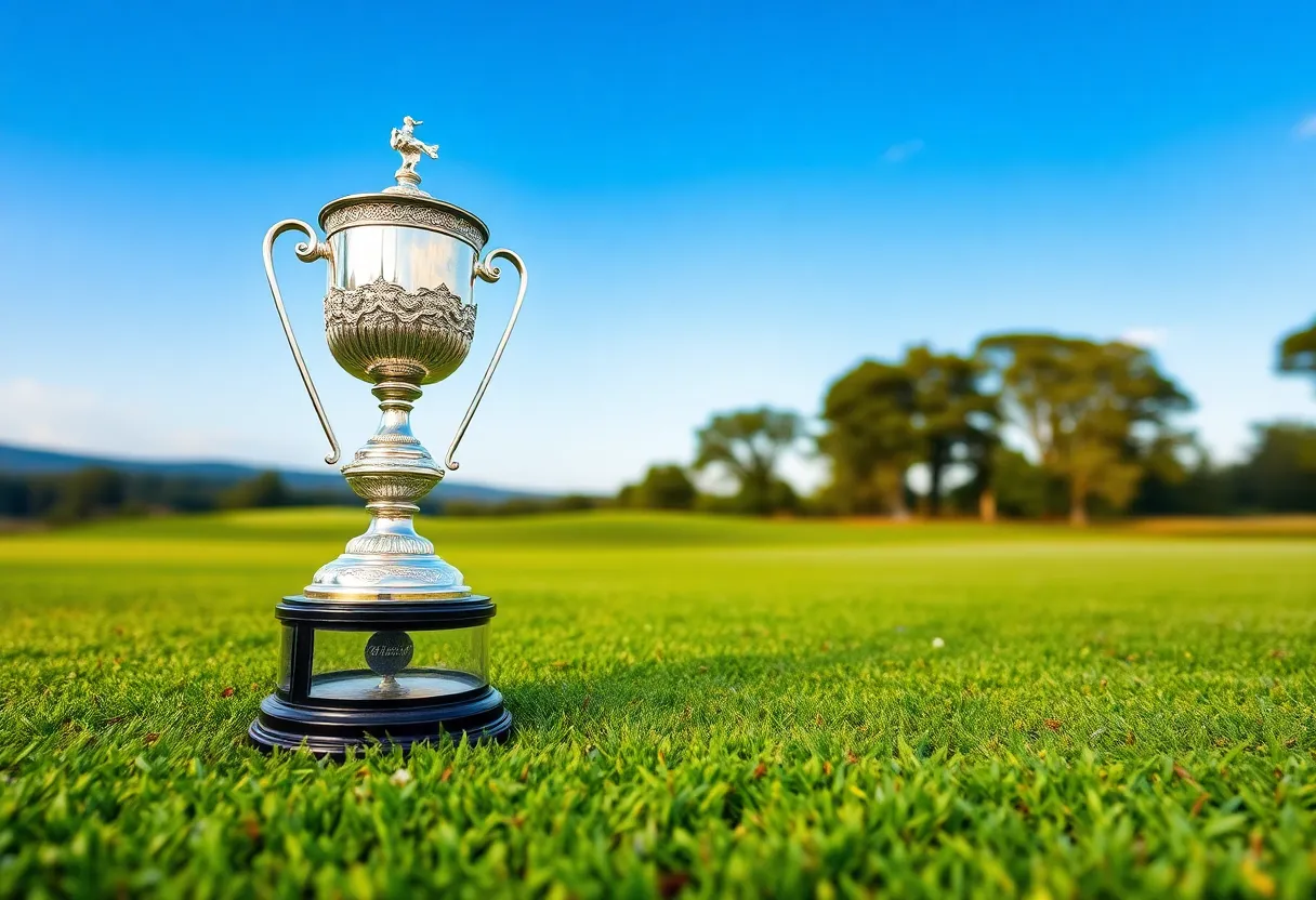 Ryder Cup trophy on a golf course with beautiful scenery