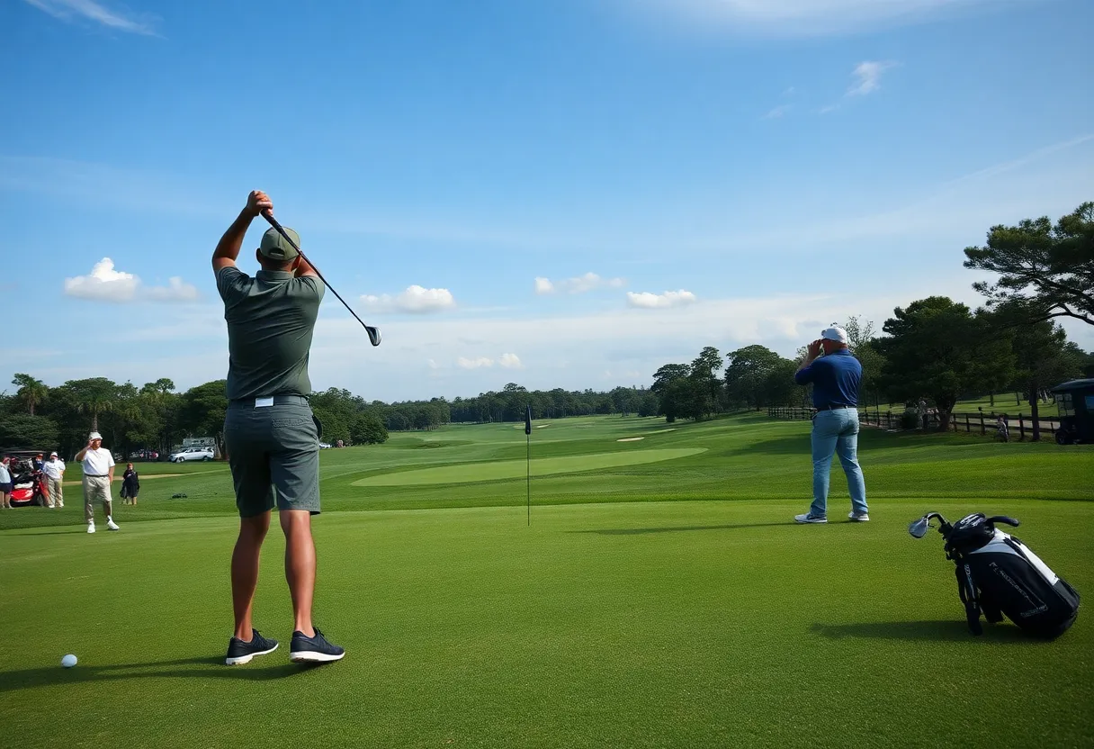 Golfers practicing on a golf course amidst a backdrop of competitive tension and financial disputes.