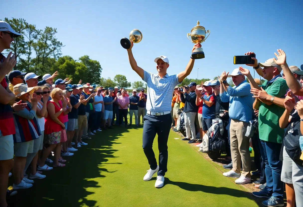 Scottie Scheffler holding trophy on the golf course