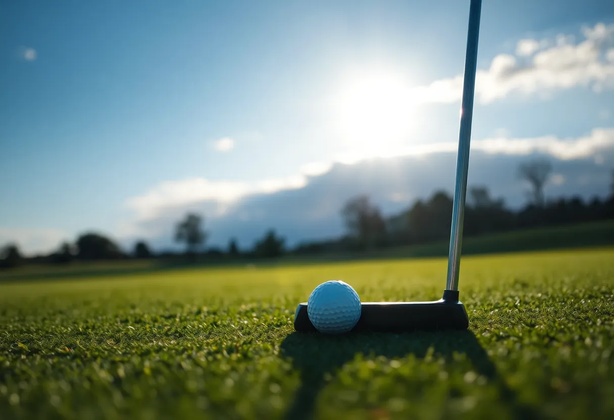 Mallet putter on golf green at sunset
