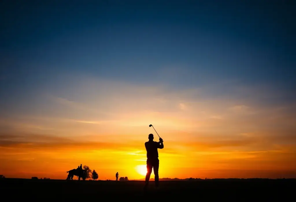 Golf course at sunset with golfer silhouettes