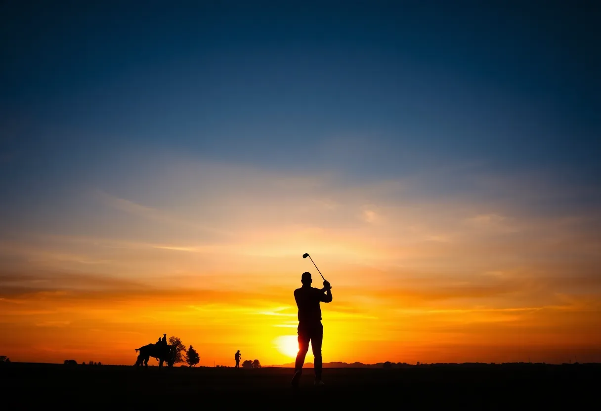 Golf course at sunset with golfer silhouettes