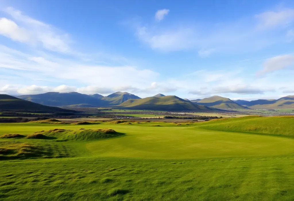 A beautiful view of a Scottish golf course with green hills and blue sky.