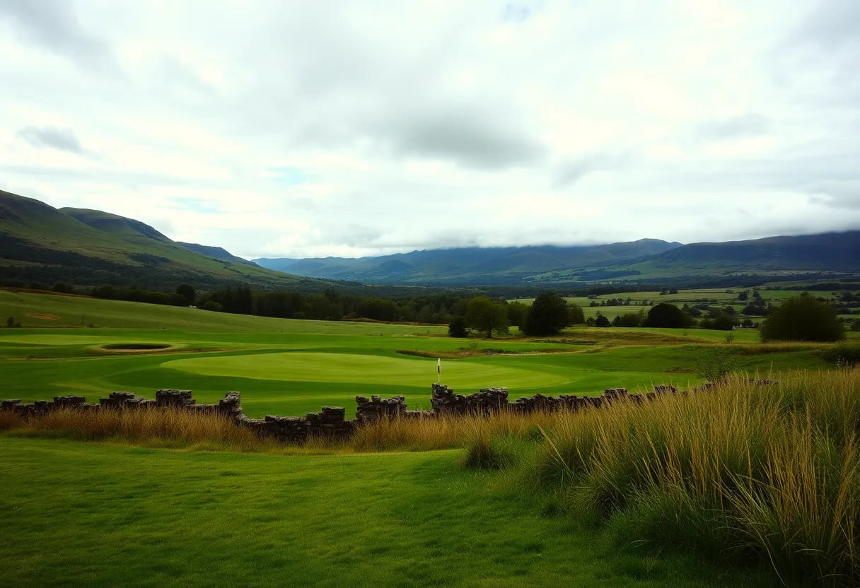 A picturesque view of a Scottish golf course surrounded by nature