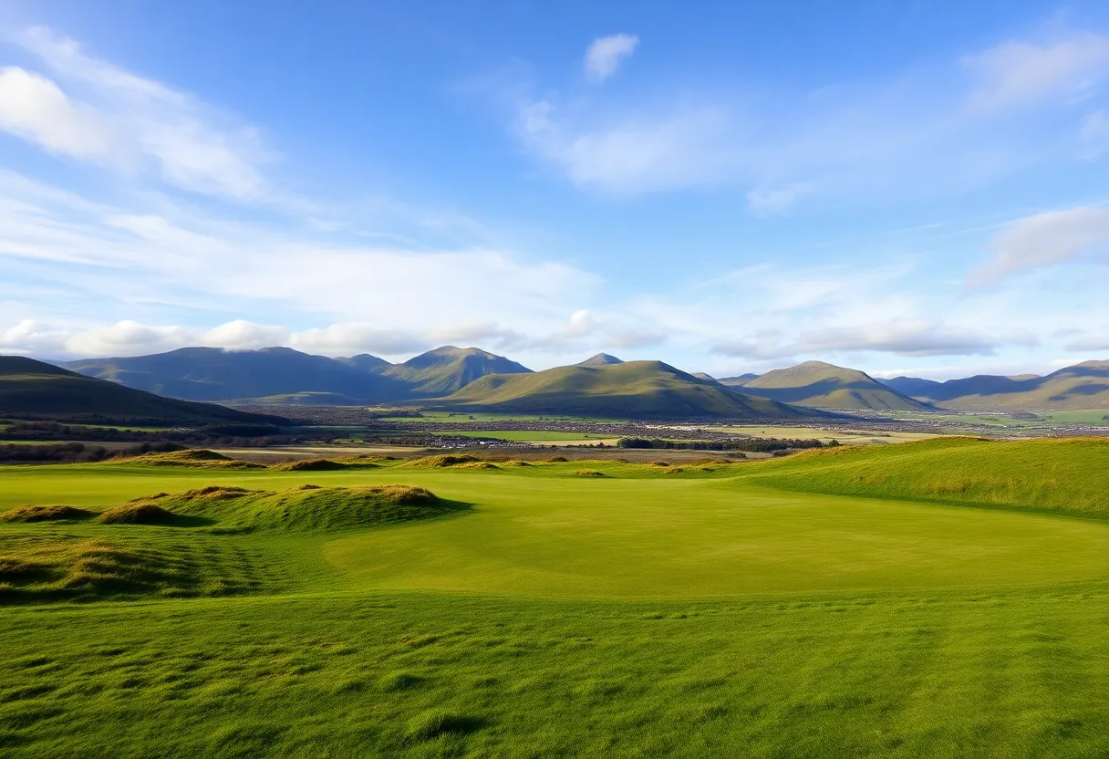 A beautiful view of a Scottish golf course with green hills and blue sky.