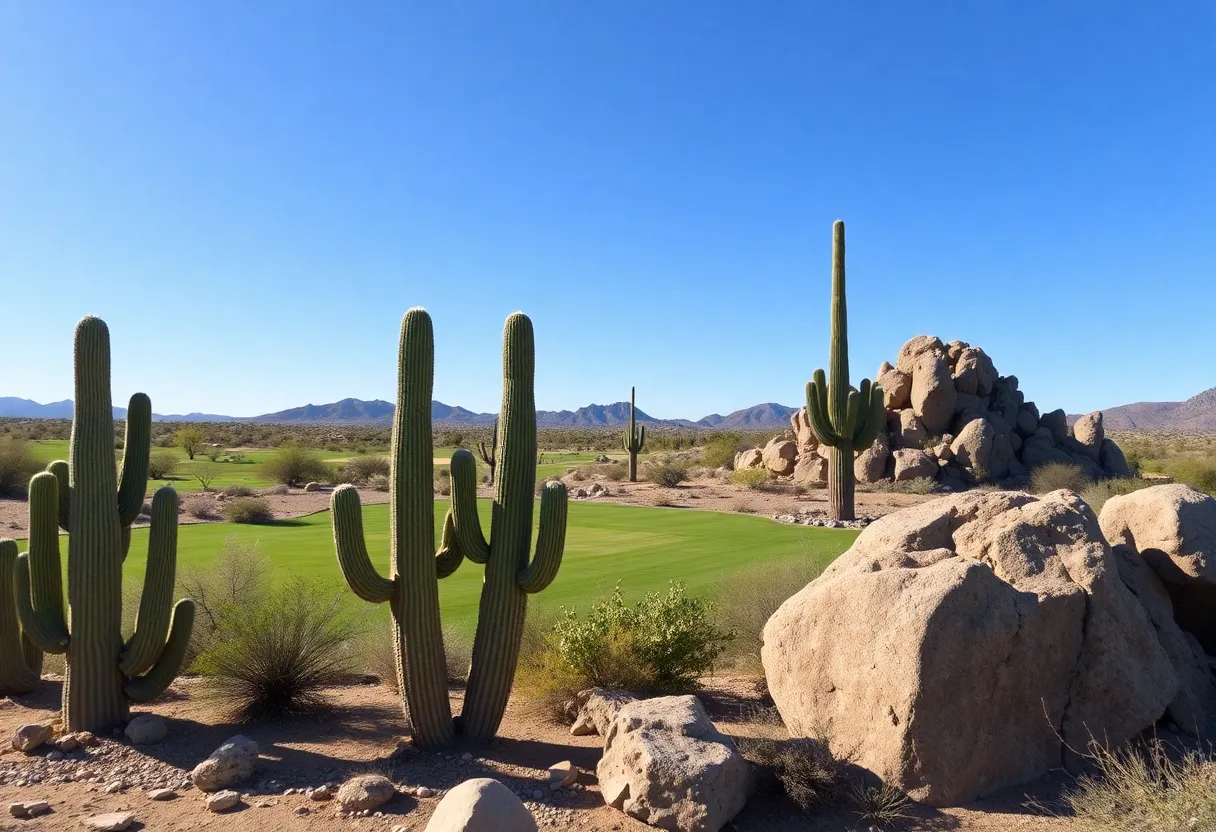 Desert golf course in Scottsdale, Arizona featuring cacti and mountain backdrop.