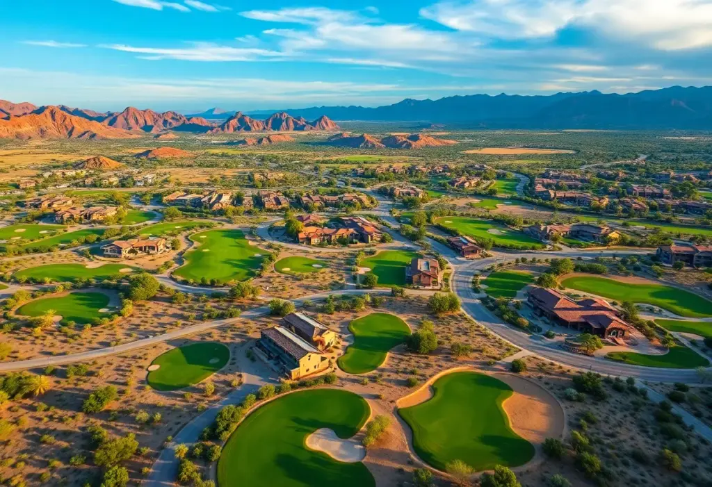Aerial view of Scottsdale, Arizona with golf courses and desert landscapes