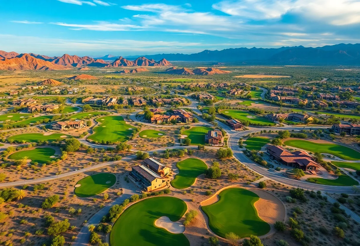 Aerial view of Scottsdale, Arizona with golf courses and desert landscapes