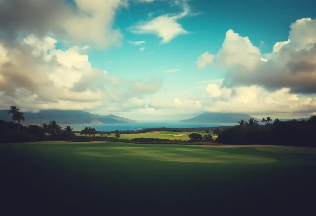 Scenic view of a Hawaiian golf course facing strong winds