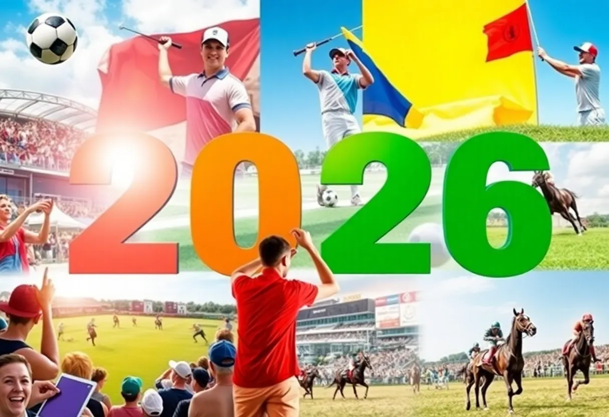 A collage representing various sporting events in 2026 including soccer, football, golf, and horse racing.