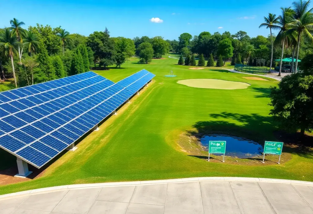 An eco-friendly golf course featuring solar panels and natural landscaping.