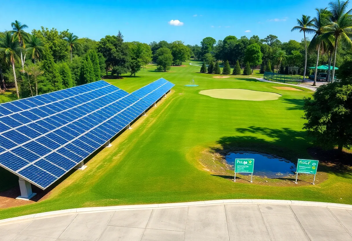 An eco-friendly golf course featuring solar panels and natural landscaping.