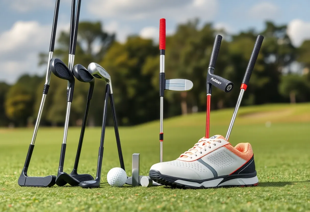 Display of affordable golf gear on a golf course