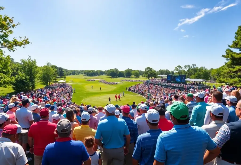 Crowd enjoying a professional golf tournament at a beautiful golf course
